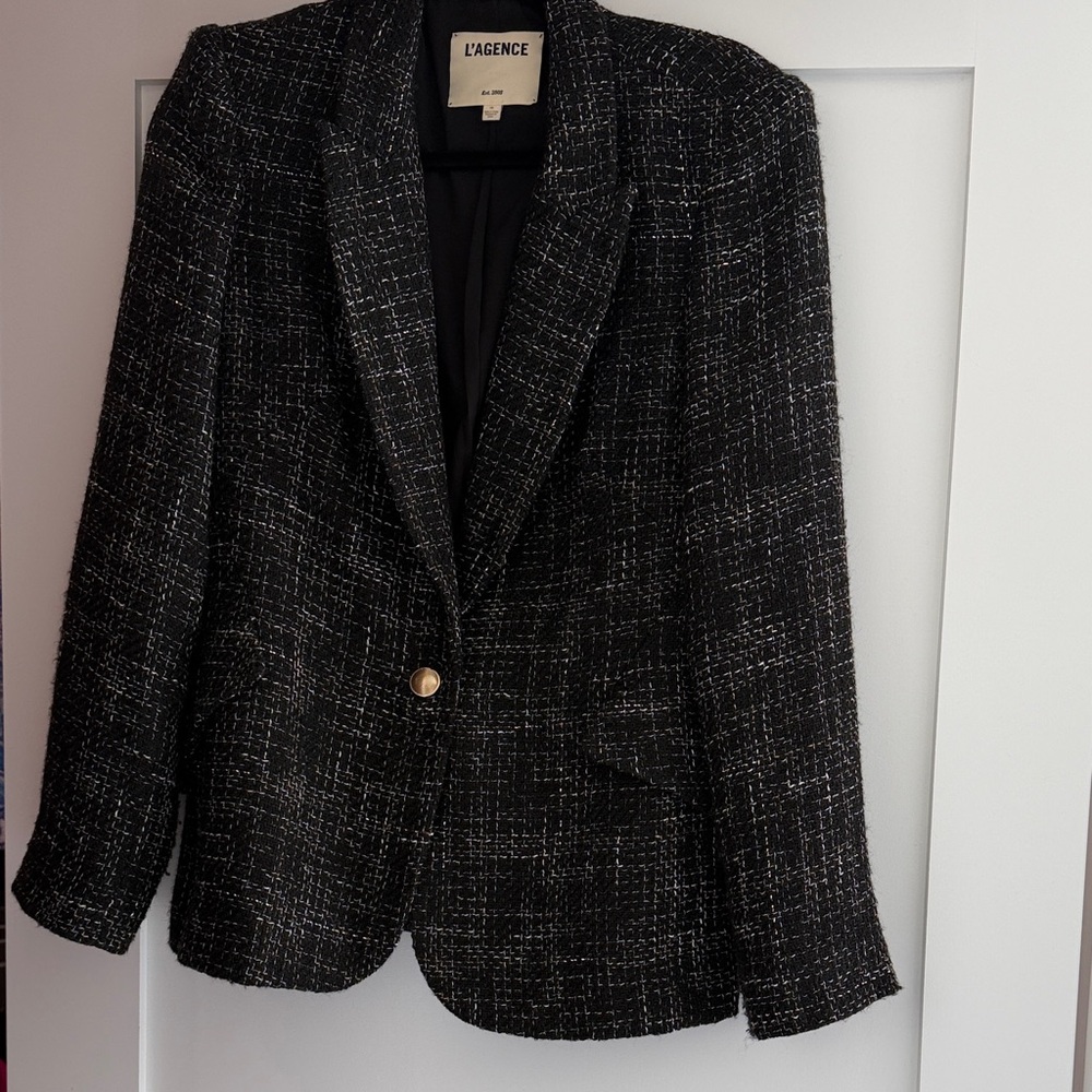 L'AGENCE Black Tweed Blazer with Gold Button